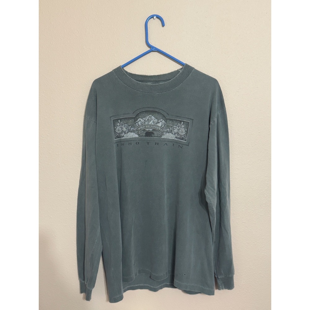 Vintage Prairie Mountain 1880 Train Graphic T-Shirt Long Sleeve Gray Large USA